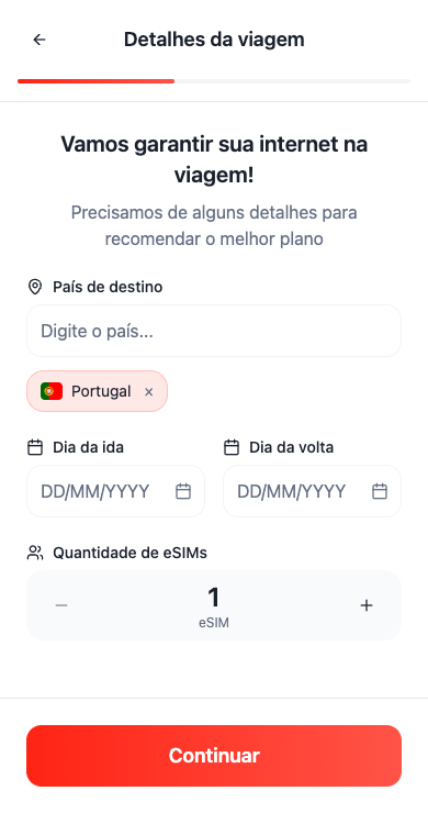 Tela real no celular da busca de eSIMs SpotSIM, com Portugal selecionado, datas em branco e um eSIM